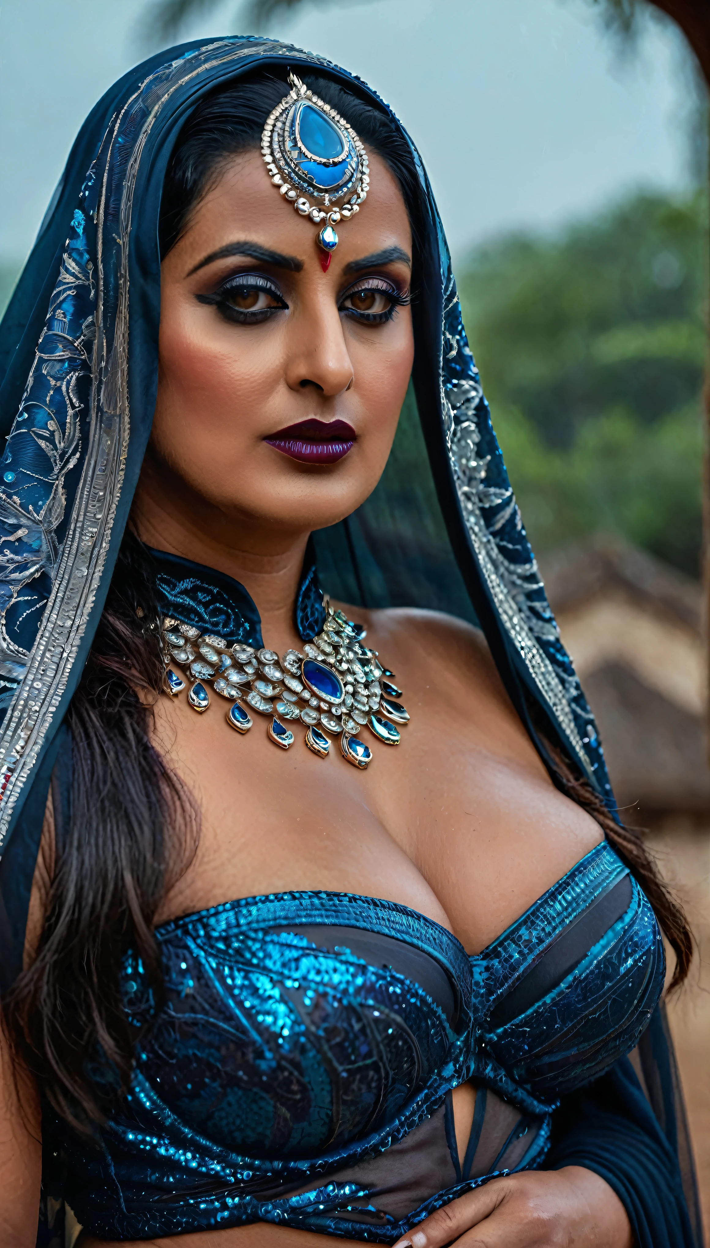 Looks like Mahie Gill, full body Closeup shot, Big chubby aunty, milf, cougar lady witch, horny Gothic milf,  70 years old gorgeous mature lady, pervert demoness, demoness of lust, curvy, black lips, horny face, extremely gorgeous, thick figure, heavy physique, voluptuous, curvy, sexy figure, Fashionable portrait of androgynous alien looking witch wearing veil, glowing eyes, futuristic design, minimal details, givenchy, photoreal, 200mm, hd, f/ 2.0, highly detailed, surreal, sexy beautiful evil woman, sexy bold sequin Saree with strapless Bra, chudail, Pishachini, horror genre, blood-thirsty enchantress, powerful female spirit, eerie, drop dead, in the style of red and blue, (intricate details, hyperdetailed:1.15) (skin texture:1.2), dark Moody tone, cinematic lighting, haunted place in background, 