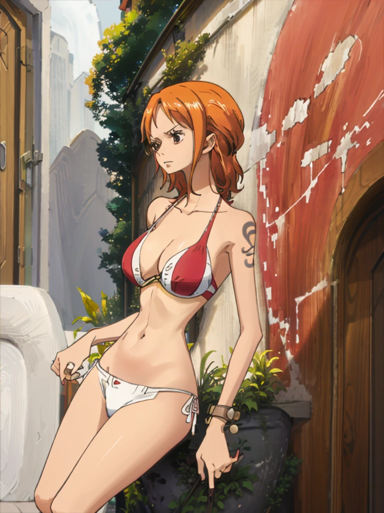 1 girl, wearing red bikini, standing sexily, looking at viewer, lower angle, short hair, red hair