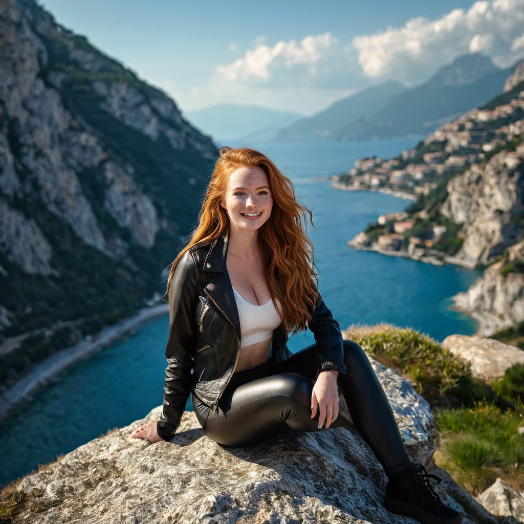 photography of mountains and sea in Italy, there is a Madelaine Petsch in right corner of the photography, sitting on a arock in winter sport jacket and leather leggings, long ginger hair, day light, enjoying, girls, summer, hot girls, (((very heavy bust))), ginger hair, long_hair, symmetrical face, photorealistic, photography, gorgeous, cleavage, western, (masterpice), best quality, high resolution, spectacular lighting, extremely detailed, skin with pores, freckles, depth of field, C-cup breats, model body, cinematic lighting, smiling, direct look at camera, detailed environment, rock mountains in Italy, extremely detailed environment