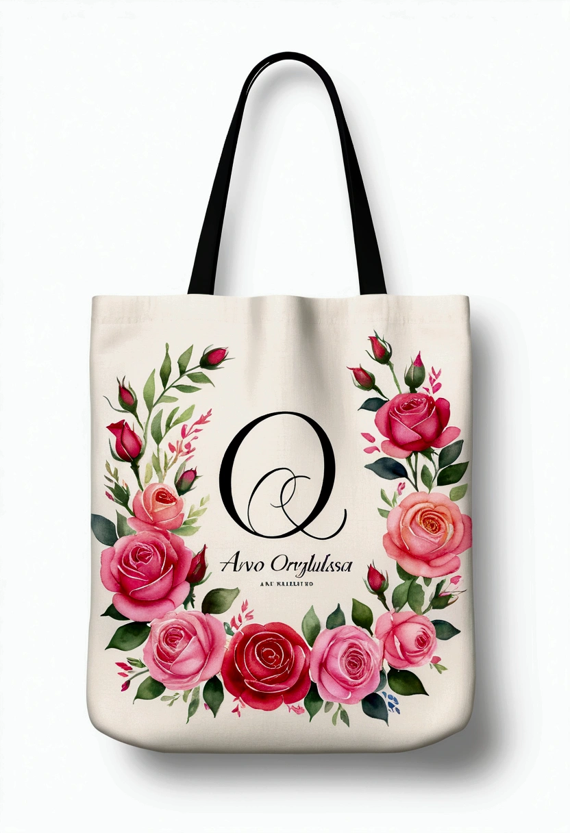 An exquisite 8k illustration featuring a linen bag adorned with a floral frame. The delicate watercolor flowers bloom in vibrant shades of pink and red, creating a captivating rose theme. The engaging design showcases the logo (text:"Avó Orgulhosa"), written in a stylish serif typeface with a touch of black. The illustration captures the spirit of roses, embodying the essence of best quality, masterpiece, and official artwork. The attention to detail in this professional, ultra-high-definition piece makes it a true representative work of creative craftsmanship.