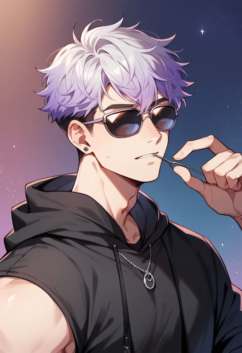 アニメ, best qualityer, white male, purple gradient hair, black jersey, sunglasses, Grinning, with background in Paris at night