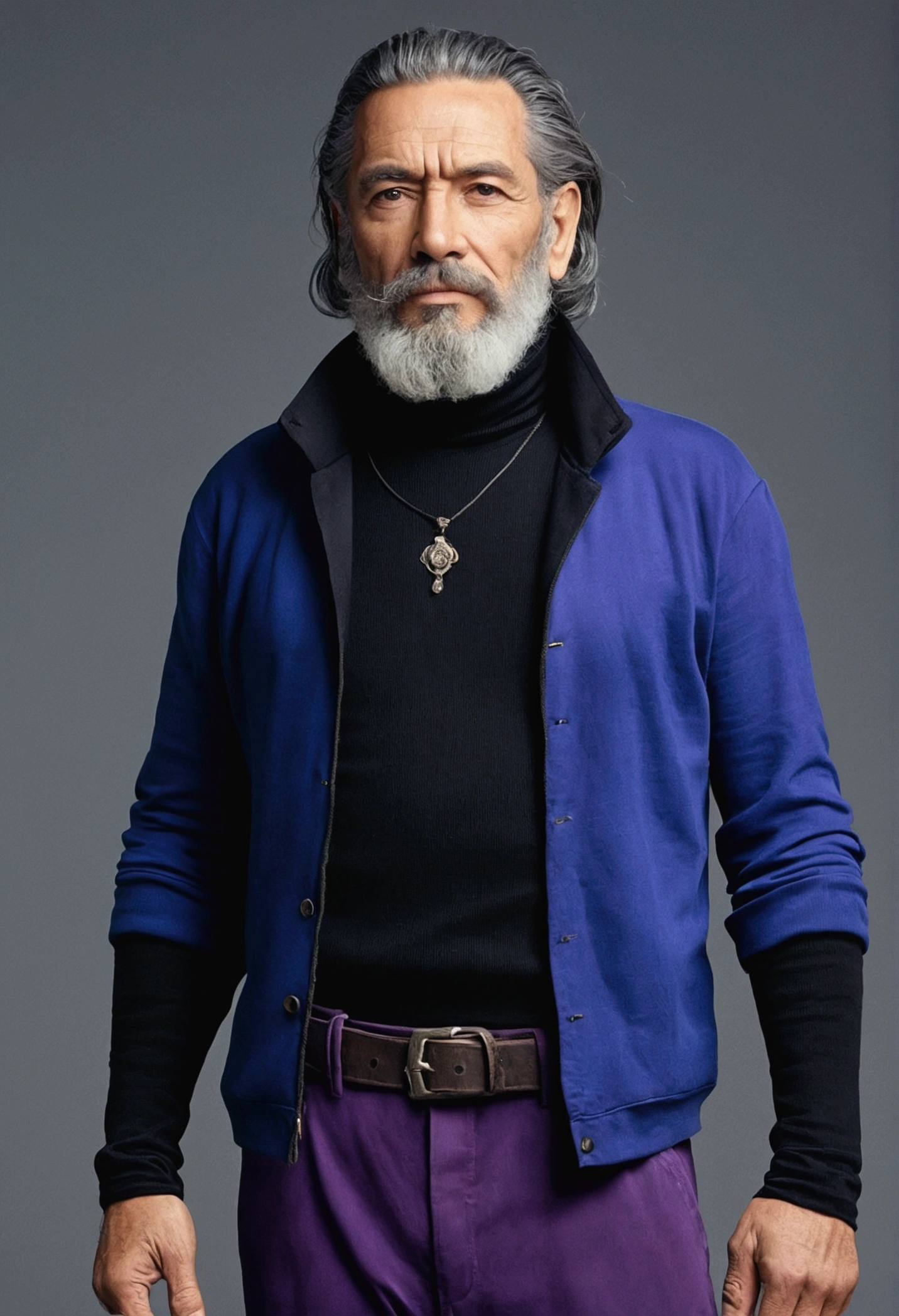Character with black turtleneck outfit, blue Jericho pants, old man's beard, purple Sobral hair
