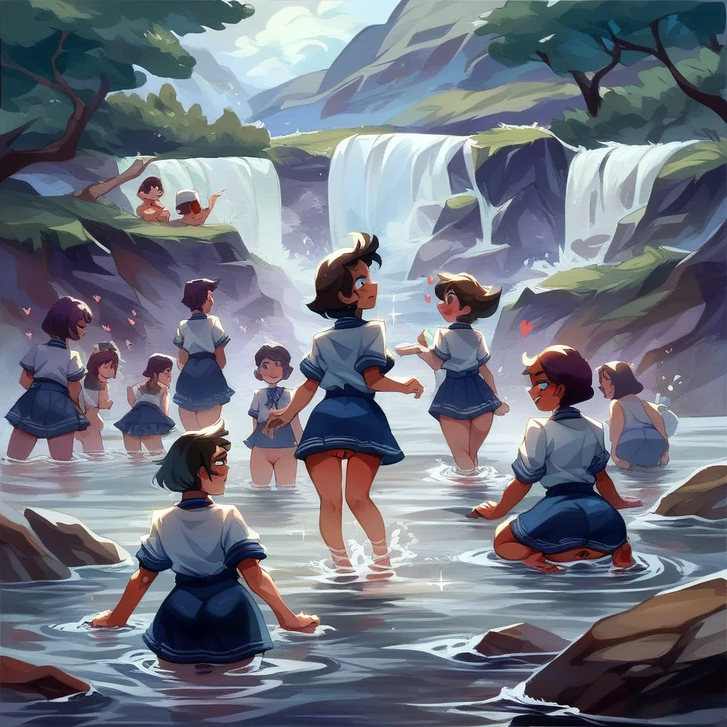 Realistic watercolor painting world。15 Russian schoolgirls wear school swimsuits at a mountain waterfall、(((playing in the water to the point that their legs, hips, and panties are on full display)))。Let it be a sublime painting that exudes a sense of happiness.。(((their all naked and asshole or pussy or breasts or nipples visible))) 