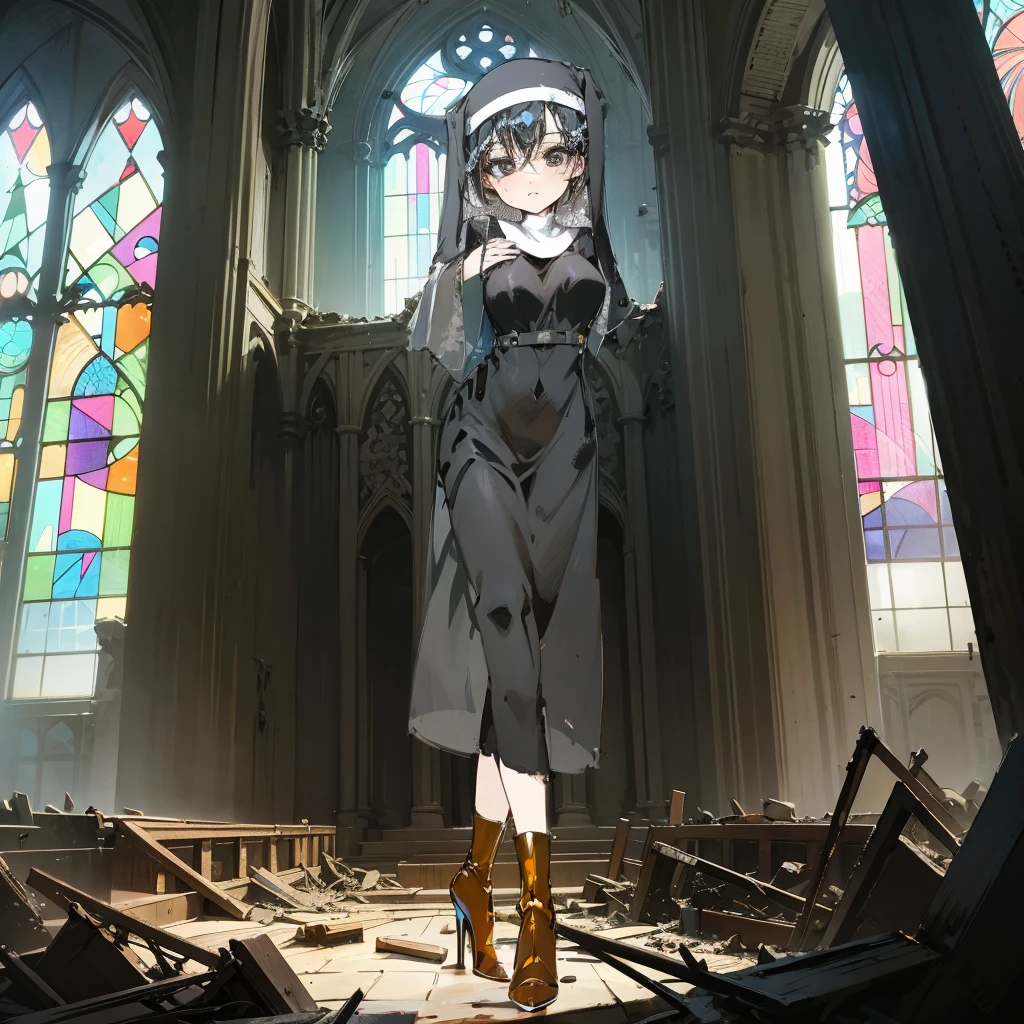 (solo), 1 skinny nun, sheer black nun's robe, large breasts, stiletto heels, BREAK, black short hair, long sidelocks, black eyes, BREAK, short torso, skinny waist, skinny long legs, BREAK, old rotten church, devastated ruin, stained glass