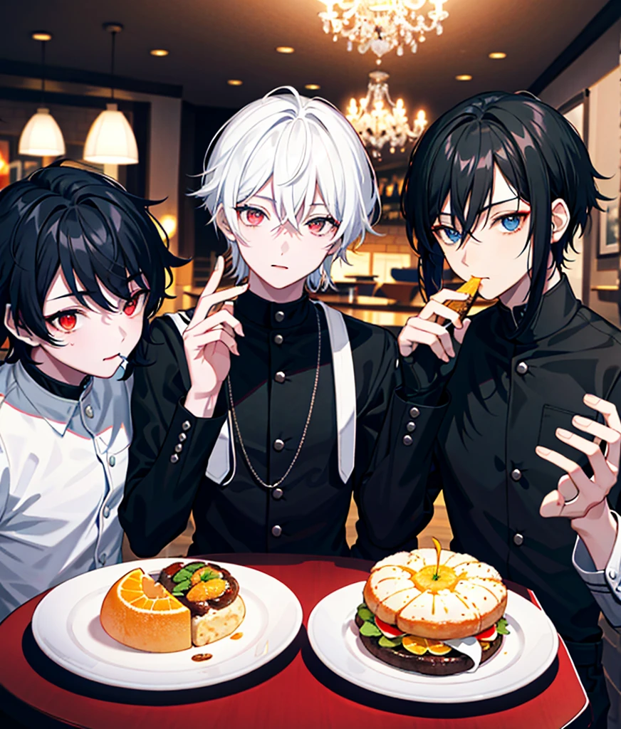 There are three young men, the first has black hair and orange eyes, the second has white hair and red eyes, the third has black hair and red eyes, and the three of them are eating. The background is that they are in a restaurant and with them is a girl. The first has blue hair and blue eyes, and the second has black hair and brown eyes.
