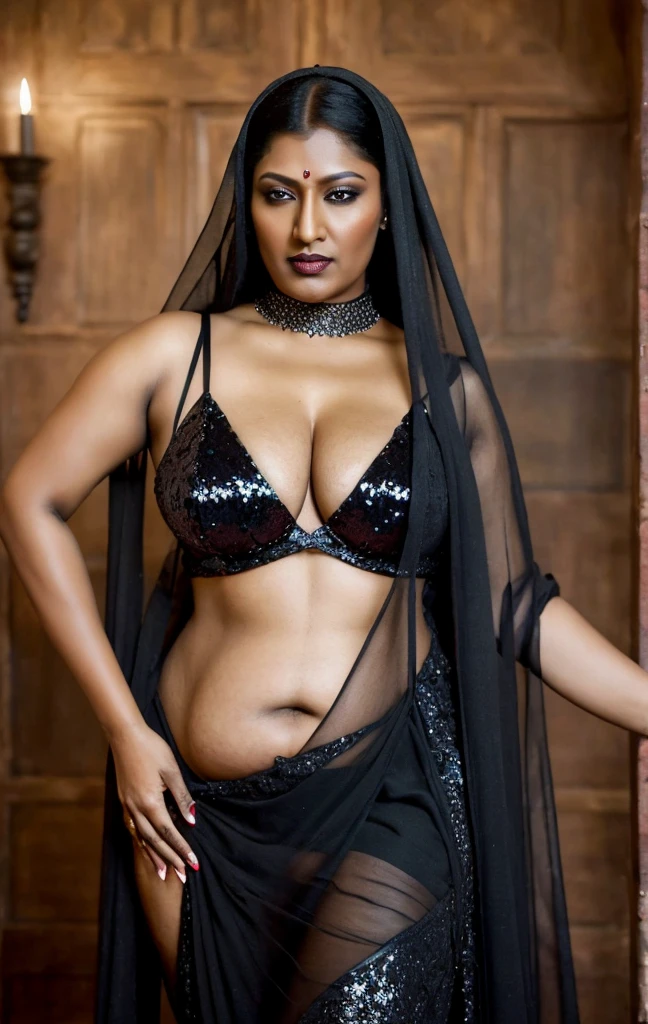 Looks like Rituparna Sengupta, full body Closeup shot, Big chubby aunty, milf, cougar lady witch, horny Gothic milf, 70 years old gorgeous mature lady, pervert demoness, demoness of lust, curvy, black lips, horny face, extremely gorgeous, thick figure, heavy physique, voluptuous, curvy, sexy figure, Fashionable portrait of androgynous alien looking witch wearing veil, glowing eyes, futuristic design, minimal details, givenchy, photoreal, 200mm, hd, f/ 2.0, highly detailed, surreal, sexy beautiful evil woman, sexy bold sequin Saree with strapless Bra, chudail, Pishachini, horror genre, blood-thirsty enchantress, powerful female spirit, eerie, drop dead, in the style of red and blue, (intricate details, hyperdetailed:1.15) (skin texture:1.2), dark Moody tone, cinematic lighting, haunted place in background,