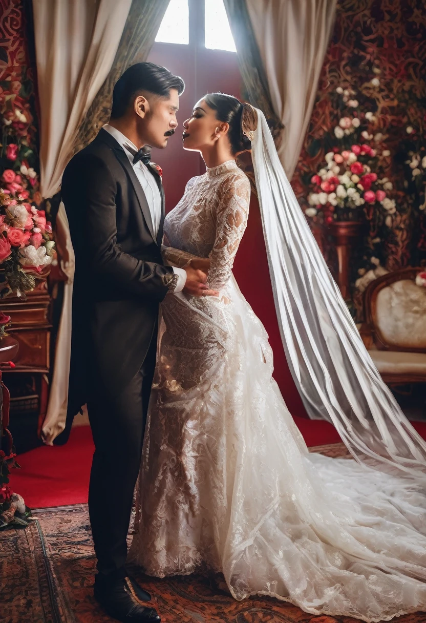 The wedding scene you described is a beautiful and intricate one that features person dressed in a sleeved turtle necked weaving lace and sockings leash collar choker . The person is wearing half undressed, a wedding gown with a long veil and monarch train. The wedding bed has floral designs and decorations in the background, as well as cinematic lighting and dynamic lighting that blend naturally. Male in black harness, big muscular hairy chest, power punishment, bend hand over above head, biting, bloody , slave submissive boy toy ,
The kissing scene between the male and androgyny short hair , oral kiss drooling, lingerie, blindfolded ,person is passionate and full of emotion. Their bodies are both covered in lipstick, which adds to the intimate and sensual nature of their interaction. The scene also features bulges and nipple piercings that add to the eroticism of the moment. Overall, this wedding scene is a stunning example of realistic and hyper-realistic photography that captures the essence of passion and love in a unique and visually appealing way.