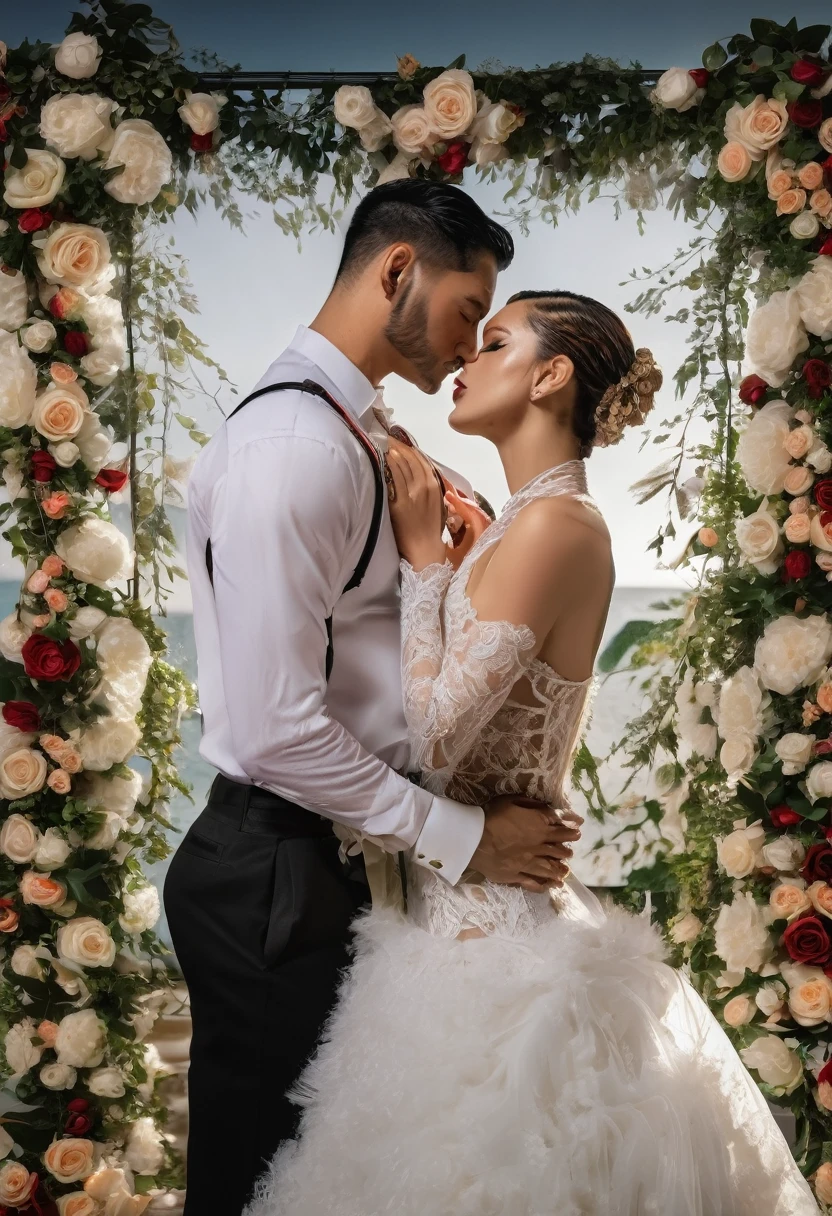 The wedding scene you described is a beautiful and intricate one that features person dressed in a sleeved turtle necked weaving lace and sockings leash collar choker . The person is wearing half undressed, a wedding gown with a long veil and monarch train. The wedding bed has floral designs and decorations in the background, as well as cinematic lighting and dynamic lighting that blend naturally. Male in black harness, big muscular hairy chest, power punishment, bend hand over above head, biting, bloody , slave submissive boy toy , 
The kissing scene between the male and androgyny short hair , oral kiss drooling,  lingerie, blindfolded ,person is passionate and full of emotion. Their bodies are both covered in lipstick, which adds to the intimate and sensual nature of their interaction. The scene also features bulges and nipple piercings that add to the eroticism of the moment. Overall, this wedding scene is a stunning example of realistic and hyper-realistic photography that captures the essence of passion and love in a unique and visually appealing way.