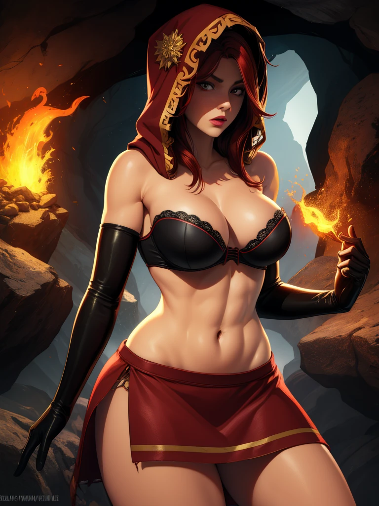 Dsorceress, redhair, shadowy face,dark cave, fire, hood, shadowed face, strapless bra, slim and athletic body, miniskirt, no panty, elbow gloves, dark skin, 1 girl (insanely detailed, masterpiece, best quality)