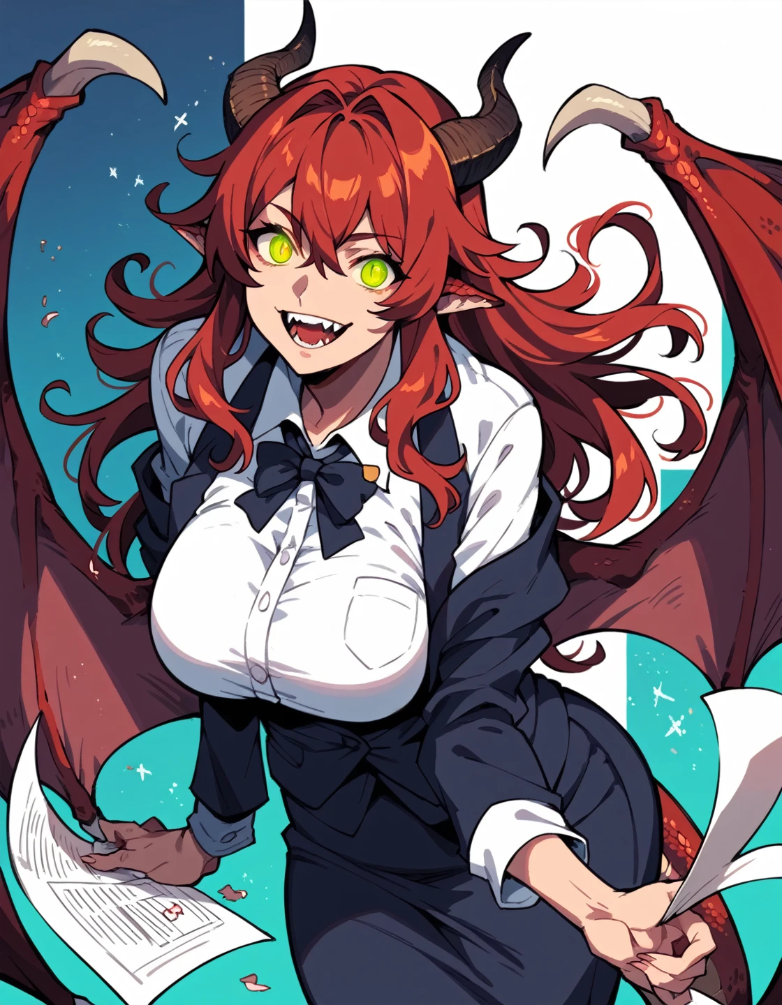 score_9, score_8_up, score_7_up, score_6_up, source_anime, masterpiece, detailed, refined, 1girl, mature female, fantasy, ,detailed background, (office night), dim light, office attire, medium breats size, suit, red hair, long hair, red reptile glowing eyes, green eyes, dragon ears, dragon tail, dragon horns, dragon wings, fangs, smile, scales on face, takekawamasumi style