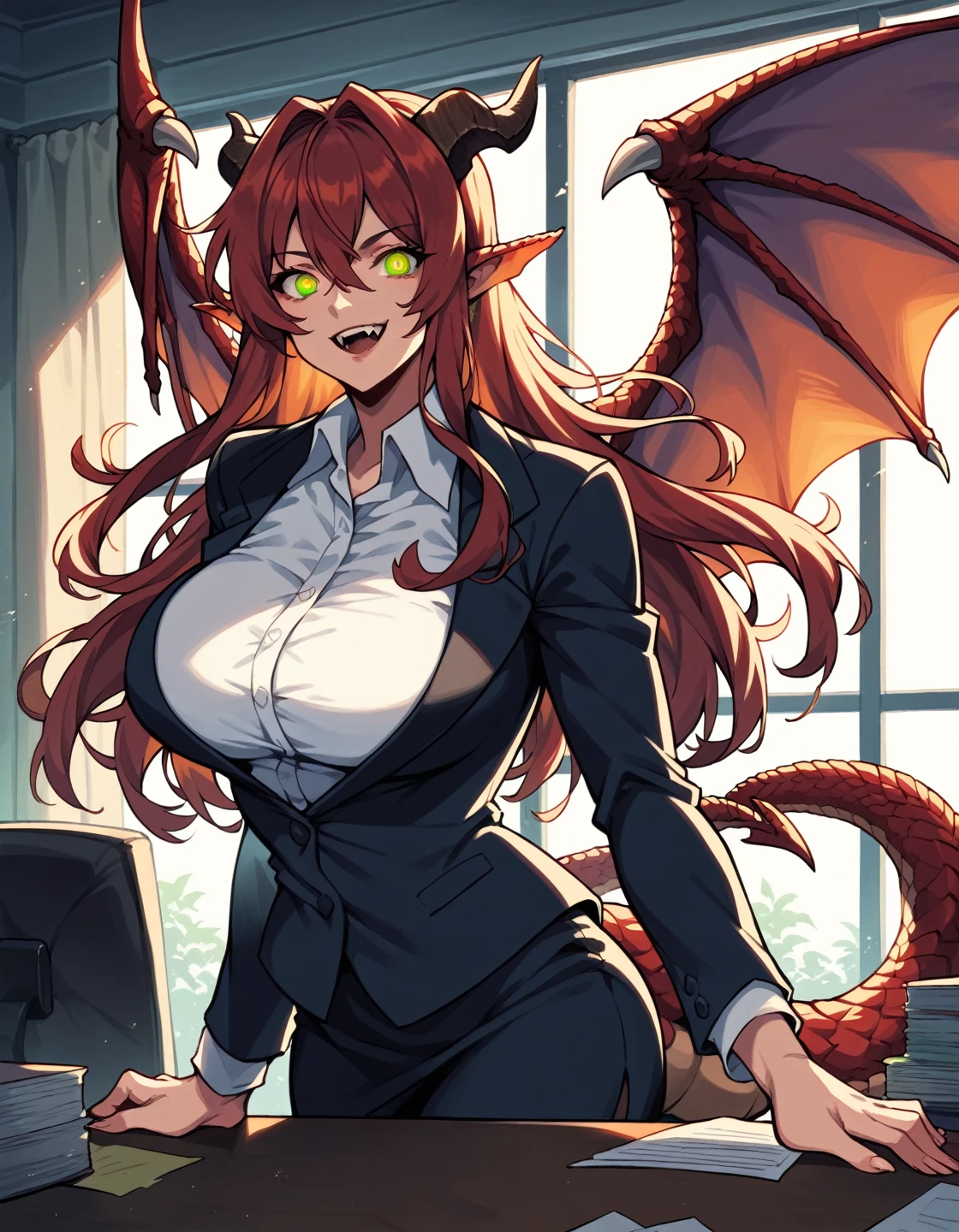 score_9, score_8_up, score_7_up, score_6_up, source_anime, masterpiece, detailed, refined, 1girl, mature female, fantasy, ,detailed background, (office night), dim light, office attire, medium breats size, suit, red hair, long hair, red reptile glowing eyes, green eyes, dragon ears, dragon tail, dragon horns, dragon wings, fangs, smile, scales on face, takekawamasumi style