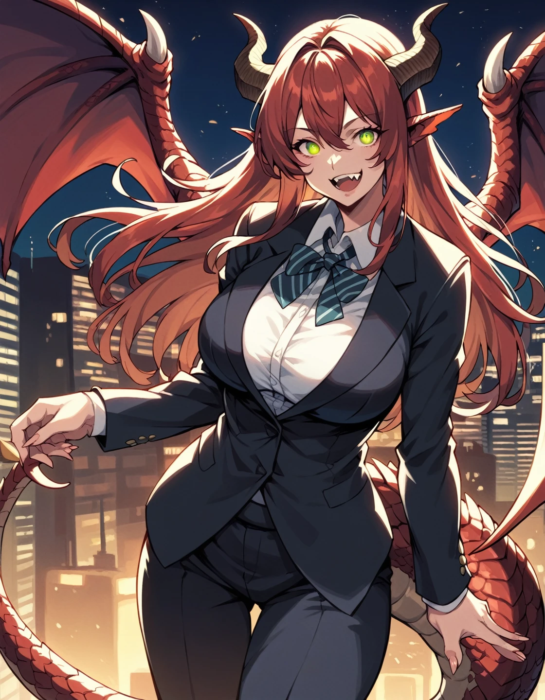 score_9, score_8_up, score_7_up, score_6_up, source_anime, masterpiece, detailed, refined, 1girl, mature female, fantasy, ,detailed background, (office night), dim light, office attire, medium breats size, suit, red hair, long hair, red reptile glowing eyes, green eyes, dragon ears, dragon tail, dragon horns, dragon wings, fangs, smile, scales on face, takekawamasumi style