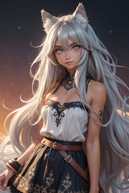 happy women, tanned skin, watercolor, fluffy wolf ears, long hair, dark background, dreamy, upper body, skirt, rugged, digital art, silver hair, anime style, sparkels, amber eyes, messy hair, pastel colors, glossy skin, big eyes, intricate detailed, fantasy, concept art, digital art, intricate, masterpiece, expert, insanely detailed