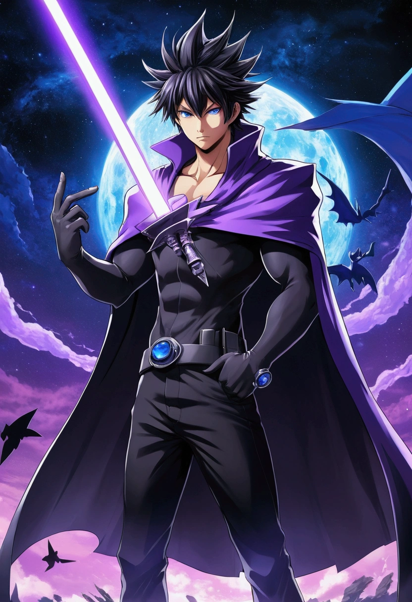 anime character with a purple cape and a black cape on, with gengar pokemon aside, badass anime 8 k, trigger anime artstyle, tall anime guy with blue eyes, detailed key anime art, advanced digital anime art ”, with index finger, key anime art, ufotable art style, shirow masamune, shigenori soejima illustration, epic anime style, detailed digital anime art