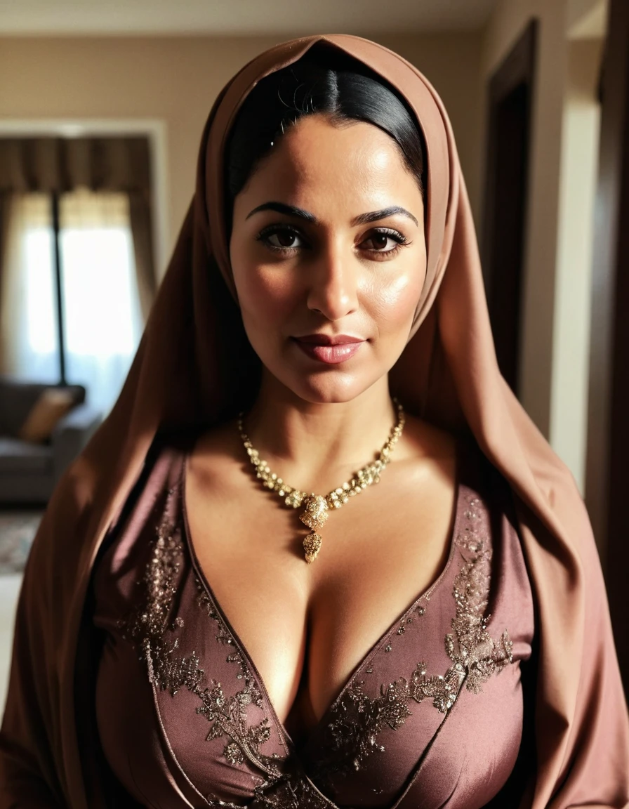 instagram photo, portrait photo of a Fair and beautiful ,stunning 40 year old curvy Arab muslim woman wearing a brown hijab and puce abaya frock showing cleavage low neckline in apartment interior background, perfect detailed eyes, natural skin, hard shadows, film grain,iphone take photo style