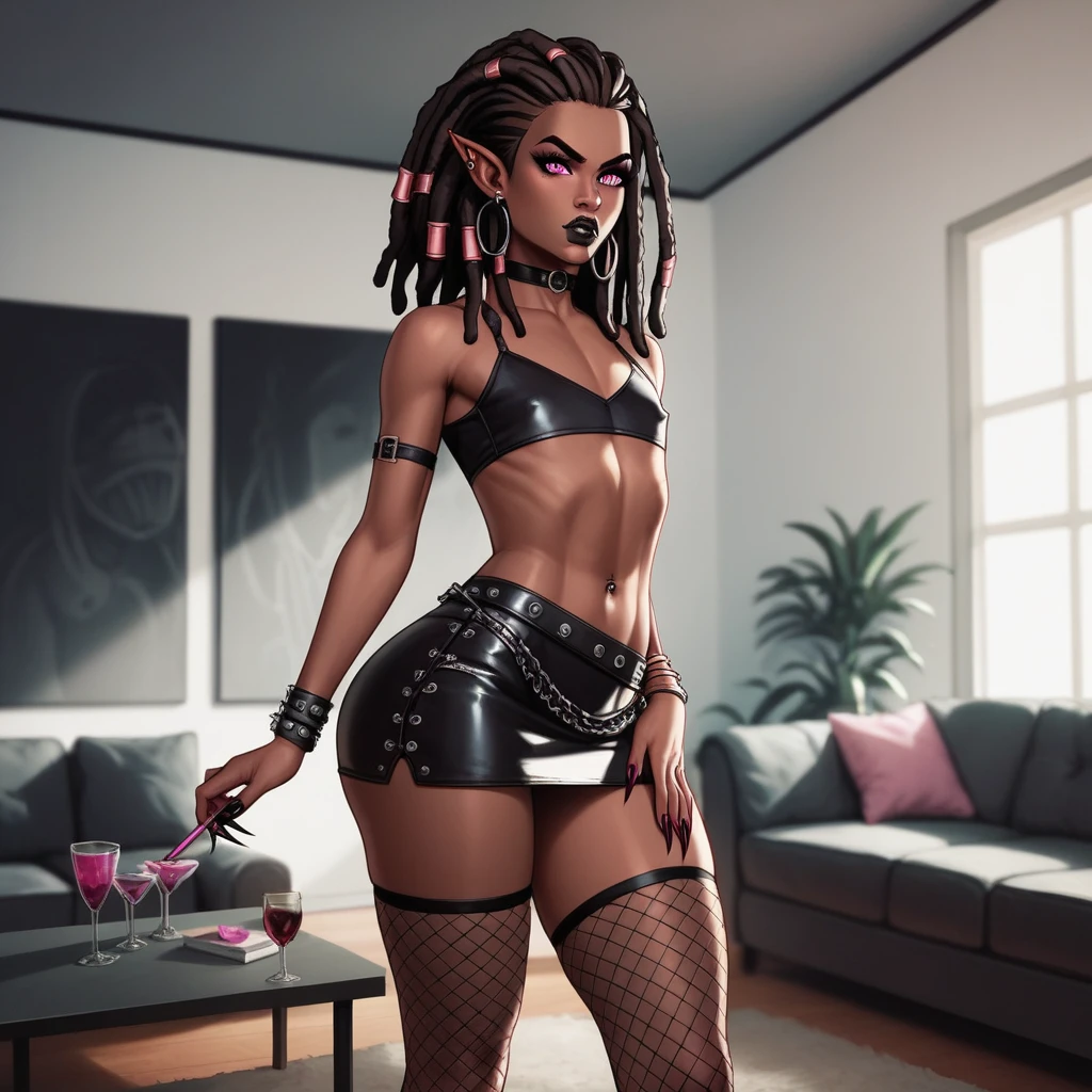 Best quality, highly detailed, ultra detailed, 1 brown skin boy, flat chest, male chest, slim curvy body, long pink dreadlocks, pink dreadlocks, pink eyes, vampire, pointy ears, sharp nails, black lipgloss, goth, black crop top, black mini skirt, fishnets, big butt, living room, leaning into audience, intimidating audience