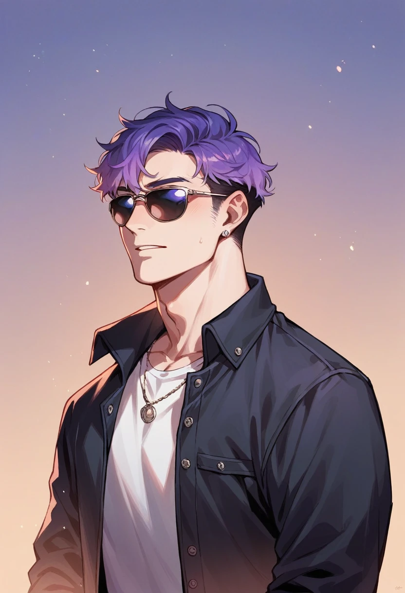 アニメ, best qualityer, white male, purple gradient hair,  black jersey, sunglasses, Grinning, with background in Paris at night 