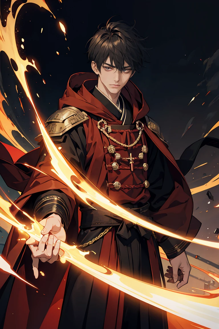 Sorcerer a blackhairedhightlightgreen men, wearing a red samurai armor, short hair, fasion hair, slim body, hood, hakama, men, handsome face, tall 187cm, 21yearold, male, Secret, magicbook