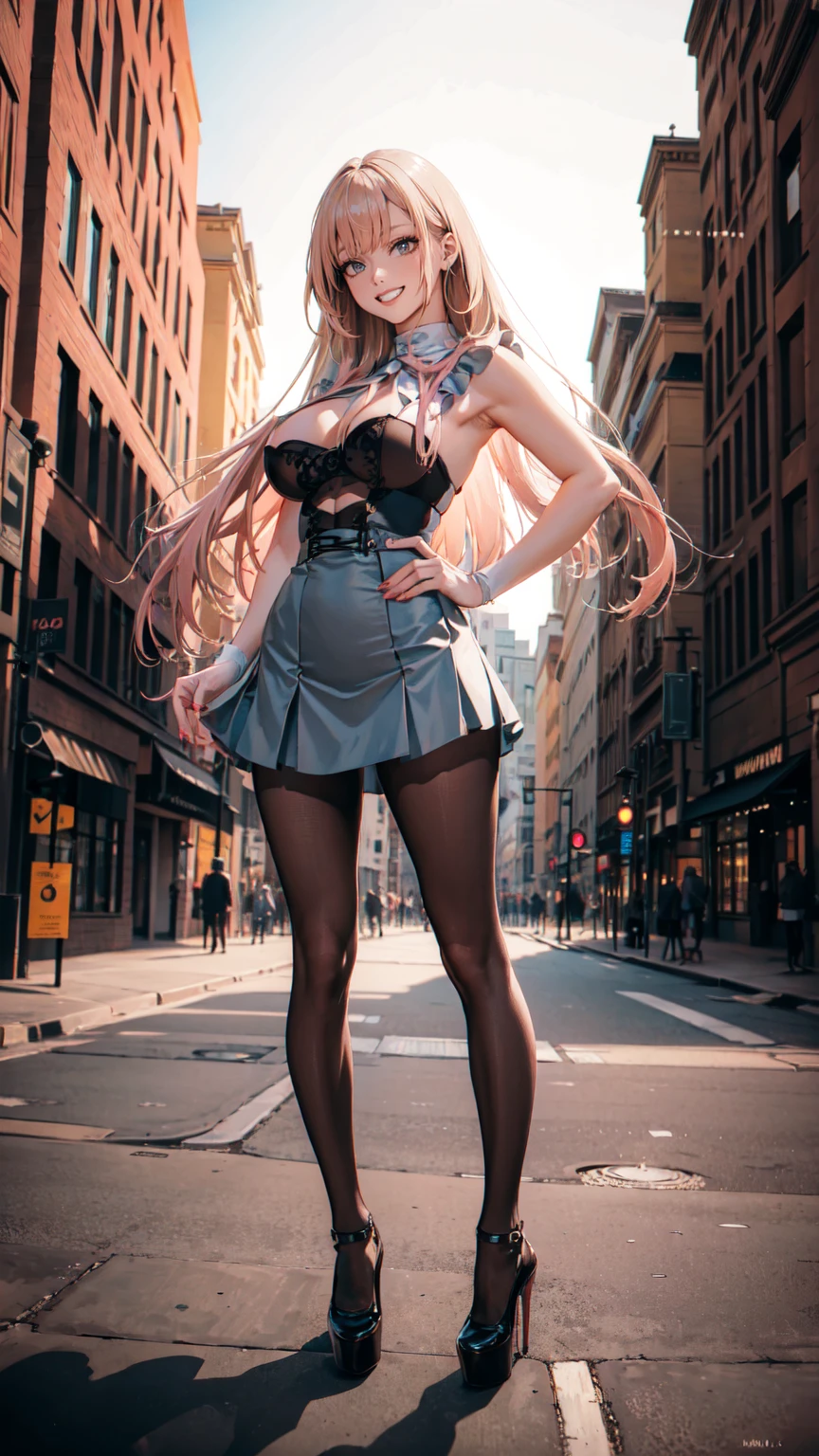 ((masterpiece, high resolution, better quality, better details)), ((Marin Kitagawa)), ((Smiling)), ((one girl)) a girl modeling standing in the city, mini skirt, blouse, ((big neckline)), ((platform high heels)), pink eyes with black outline, (light blonde hair, straight hair, straight bangs, long hair)), long nails, pink nails, shiny skin, solo, bare shoulders, full body, focus full body, high heels, ((black stockings)), ((wide hips)), ((thin waist)), ((huge tits)), 