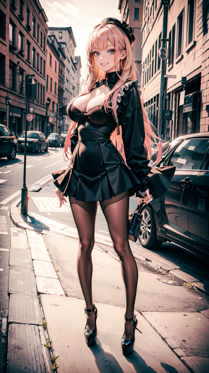 ((masterpiece, high resolution, better quality, better details)), ((Marin Kitagawa)), ((Smiling)), ((one girl)) a girl modeling standing in the city, mini skirt, blouse, ((big neckline)), ((platform high heels)), pink eyes with black outline, (light blonde hair, straight hair, straight bangs, long hair)), long nails, pink nails, shiny skin, solo, bare shoulders, full body, focus full body, high heels, ((black stockings)), ((wide hips)), ((thin waist)), ((huge tits)), 