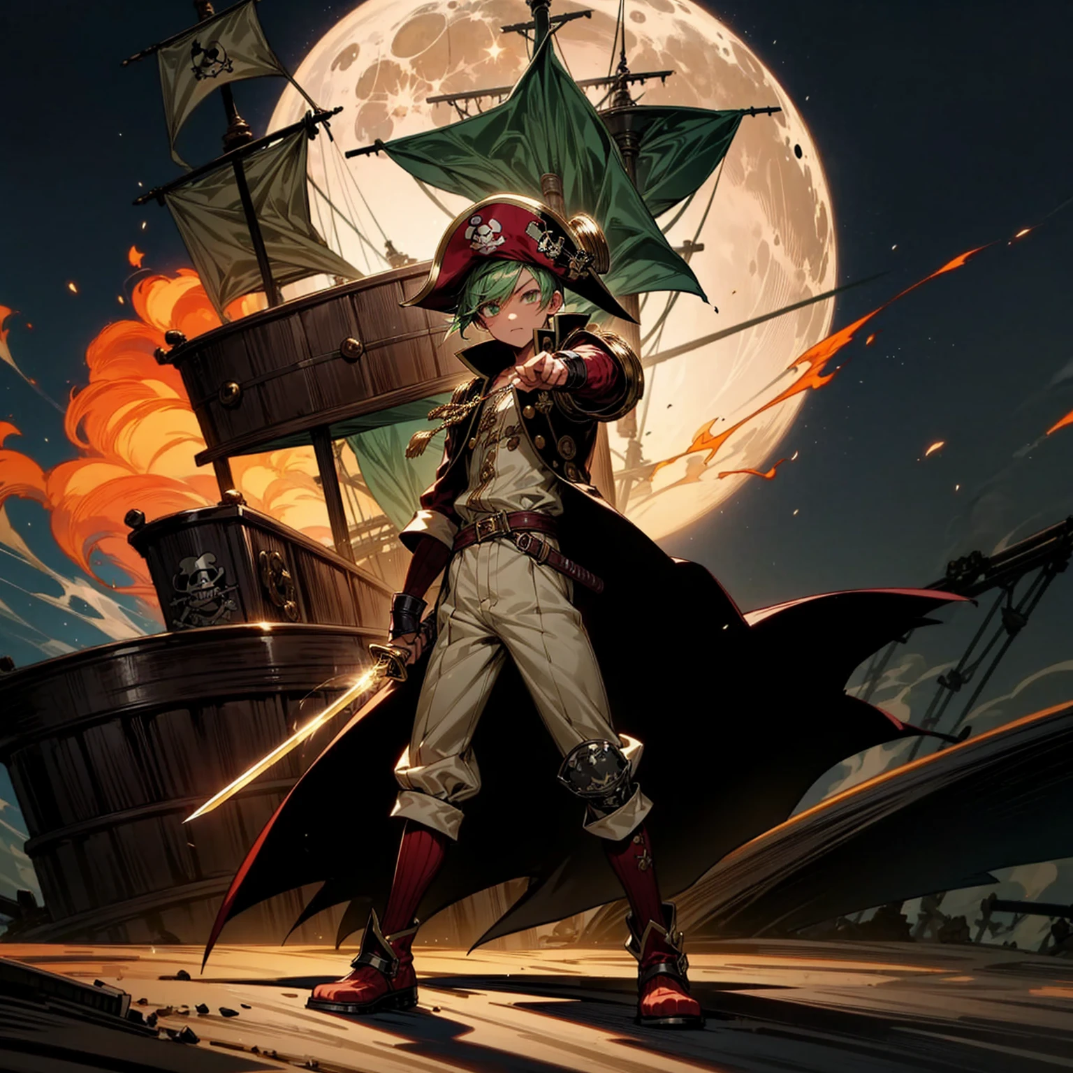 Boy, Full background in ship pirates, gold color eyes, short hairstyle, green colour hair, Pirate hat, pirate eye patch, motion blur, lighting, sword in hand, boots, Pirate captain clothing, smoke effect, armors, smoke effect, fire effect, aura effect, plasma effect, lighting effect, lighting on sword, moon, Moonlight