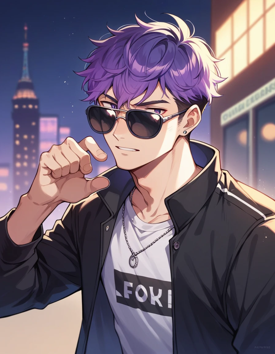 アニメ, best qualityer, white male, purple gradient hair,  black jersey, sunglasses, Grinning, with background in Paris at night 