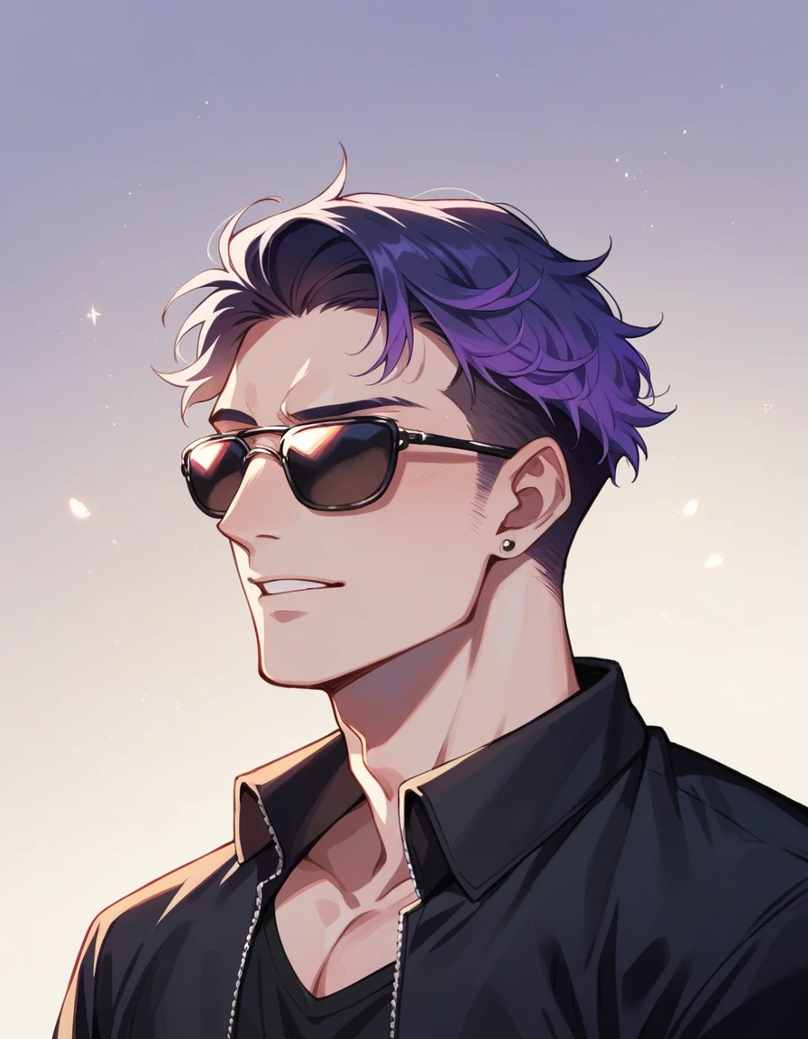 アニメ, best qualityer, white male, purple gradient hair, black jersey, sunglasses, Grinning, with background in Paris at night
