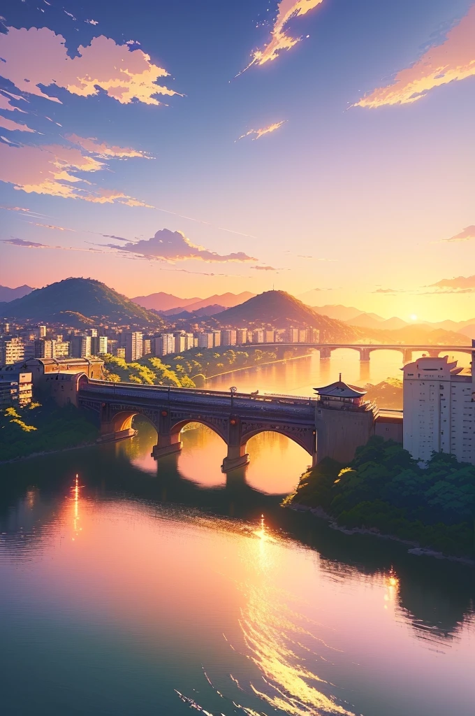 there is a train that is going over a bridge over a river, anime scenery, kyoto animation still, anime scene, rio de janeiro in an anime film, style of makoto shinkai, beautiful anime scene, anime landscape, screenshot from a 2012s anime, beautiful anime scenery, screenshot from the anime film, ( ( makoto shinkai ) )