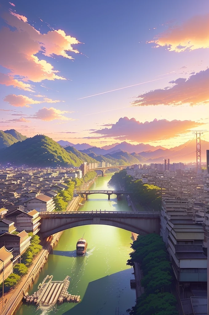there is a train that is going over a bridge over a river, anime scenery, kyoto animation still, anime scene, rio de janeiro in an anime film, style of makoto shinkai, beautiful anime scene, anime landscape, screenshot from a 2012s anime, beautiful anime scenery, screenshot from the anime film, ( ( makoto shinkai ) )