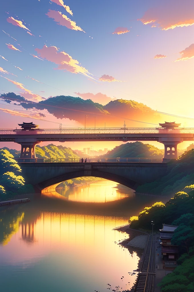 there is a train that is going over a bridge over a river, anime scenery, kyoto animation still, anime scene, rio de janeiro in an anime film, style of makoto shinkai, beautiful anime scene, anime landscape, screenshot from a 2012s anime, beautiful anime scenery, screenshot from the anime film, ( ( makoto shinkai ) )