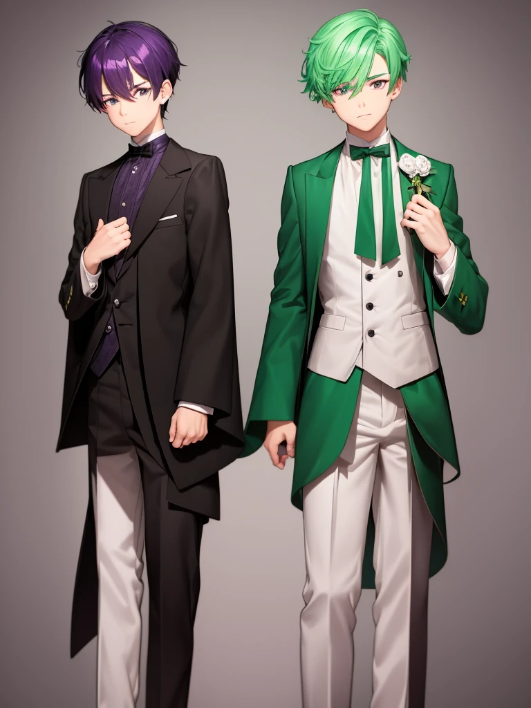 There are two elegant boys, the first boy has green hair and black and dark green clothes. The second boy has purple hair with white clothes..