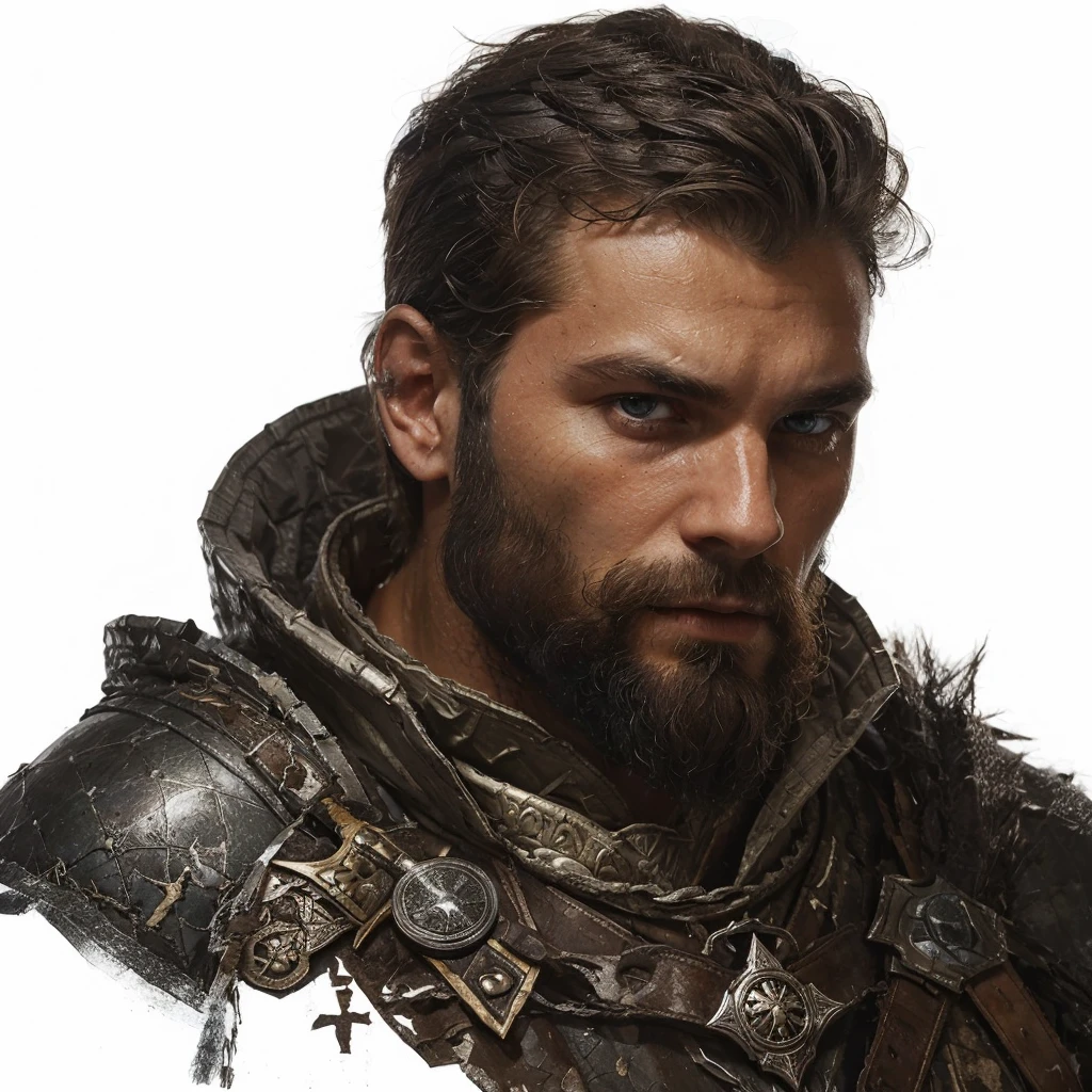 Conrad was a tall and strong young man, but an experienced man. He had piercing blue eyes, who seemed able to see through the very depths of the darkness of our world. His black hair was cut short, and the beard is quite thick, expressing severity , determination and paying tribute to its culture, Despite his young age, he already had gray strands of hair, this is a consequence of large doses of herbal decoctions and the internal state after all the battles with the horrors of this world . His face showed clear signs of battle and trials., reflecting his past when he was a Varangian and now , when he is a cleaner-messenger of God .
Conrad wore lightweight knight's armor on a leather suit decorated with the symbols of the New Vatican - a cross and other sacred signs, as well as pagan runes as a tribute to one’s past and ancestors. On his belt hung a sword with a carefully sharpened blade., shaped like a cross ready for battle at any moment. His stoic posture and confident gaze exuded unshakable determination and dedication to the war effort. .