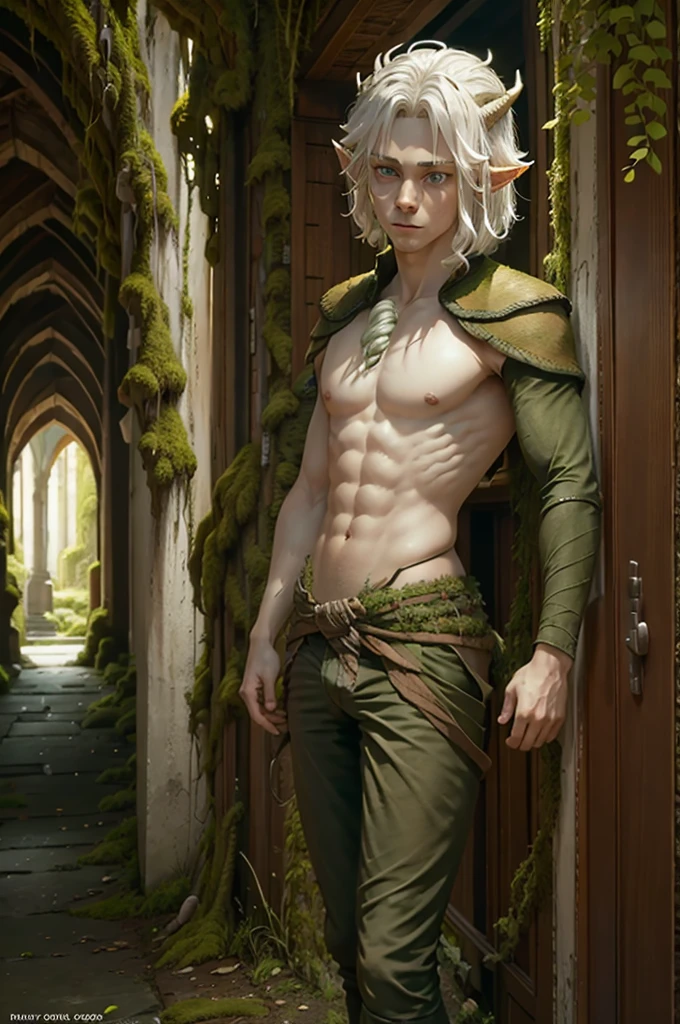 Druid elf, white, golden eyes, white hair, shirtless, back and arms full of moss, wearing pants made of moss and wood, pointed face, pointed ears, slanted eyes, tender smile, wearing a moss cap, very slim