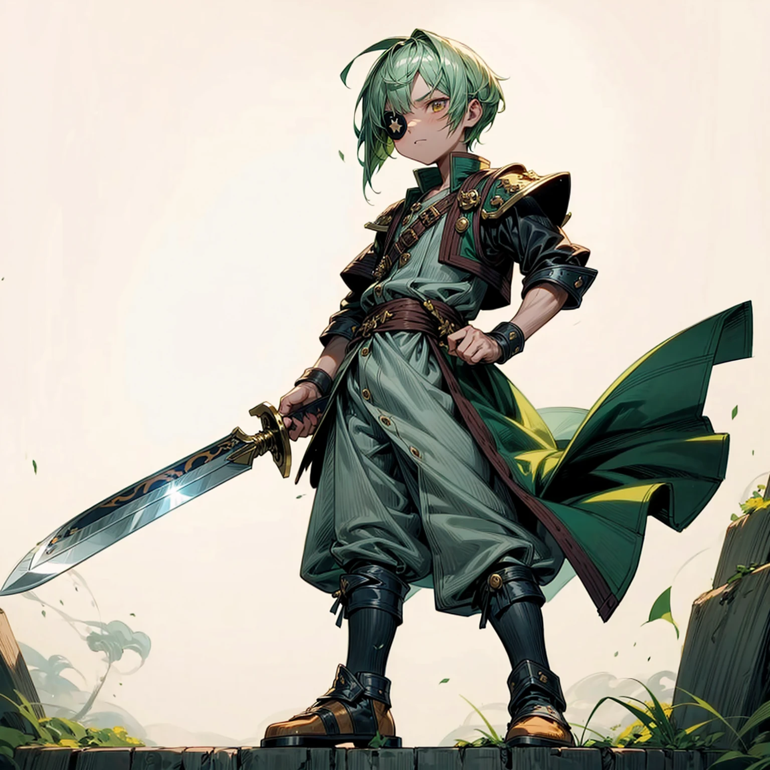 Kid Boy, Full background in ship pirates, gold color eyes, short hairstyle, green colour hair, Pirate hat, pirate eye patch, motion blur, lighting, sword in hand, boots, Pirate captain clothing, smoke effect, armors, smoke effect, fire effect, aura effect, plasma effect, lighting effect, lighting on sword, moon, Moonlight
