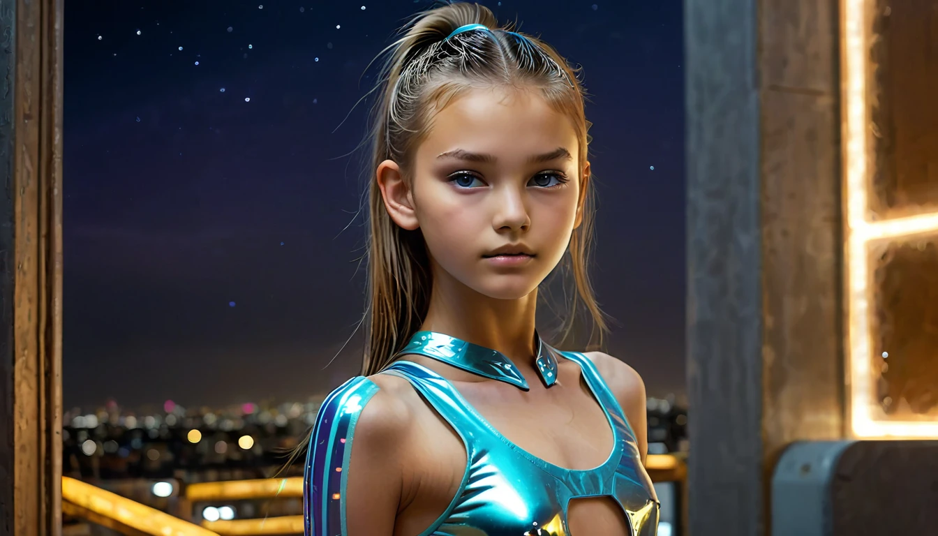 Top Quality, Masterpiece, High Resolution, 8k, (((cute barely legal 13 year old  girl in shiny tight leotard, wide neckline, deep neckline, small breasts, aa sized breasts, beautiful detailed eyes, beautiful detailed lips, small closed mouth, extremely detailed face, long ponytail hair, small hips))), cyberpunk apartment, moody atmosphere, dramatic and neon colors, futuristic setting, intricate details, at night, full body shot, view from distance, random poses