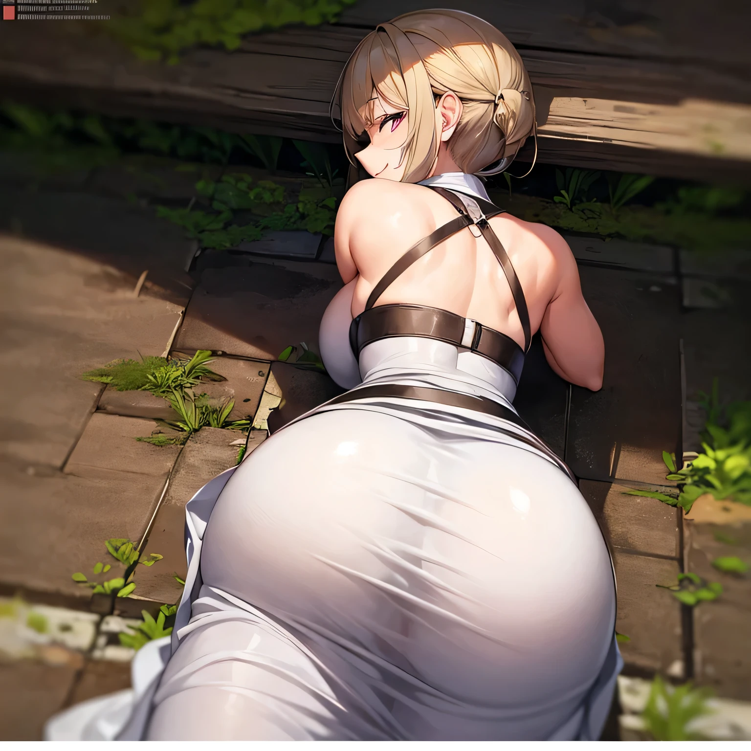 a girl with a big butt, She's in the zombie apocalypse, she is smiling, your butt marked in our dress, she have one gun on your waist, She is in a forest full of zombies, She is smilling Laying on the floor.