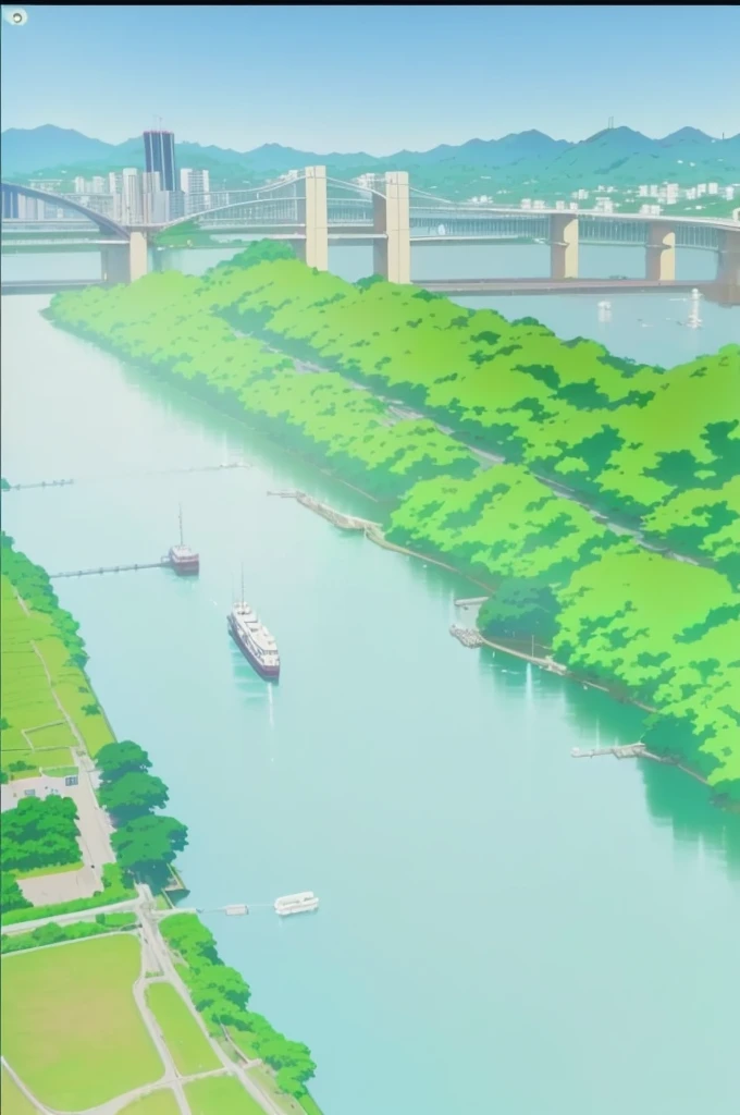 anime scene of a river with a bridge and a city in the background, anime countryside landscape, anime landscape, river in the background, anime scenery, screenshot from guro anime, rio de janeiro in an anime film, from akira ( 1 9 8 8 ) style, anime screencaps, town in the background, detailed lake in background, close up iwakura lain