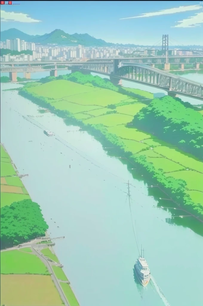 anime scene of a river with a bridge and a city in the background, anime countryside landscape, anime landscape, river in the background, anime scenery, screenshot from guro anime, rio de janeiro in an anime film, from akira ( 1 9 8 8 ) style, anime screencaps, town in the background, detailed lake in background, close up iwakura lain