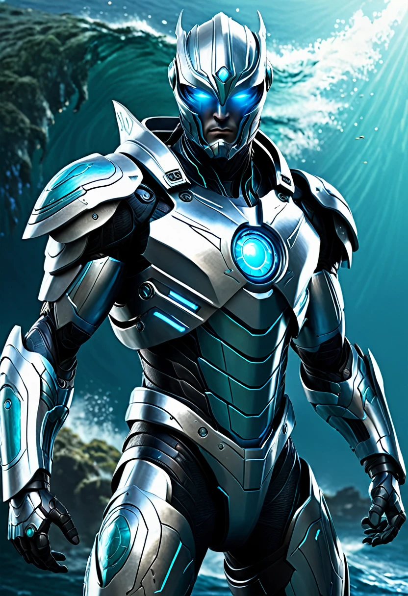 Create a full-body, powerful, futuristic sea warrior avatar with advanced technology integrated into the armor. Maintain a strong, heroic physique and facial features, with visible parts of the face. The armor should cover parts of the body but leave some muscular areas exposed, similar to ancient Greek or Atlantean warriors. Incorporate subtle aquatic themes such as sea creatures or waves into the design, and use a color scheme that includes shades of blue, turquoise, and silver. The character should emanate a sense of strength and dominance, with glowing blue eyes and a mythical aura. Ensure the character is visible from head to toe.