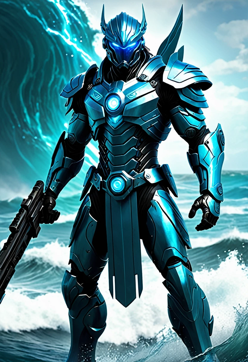 Create a full-body, powerful, futuristic sea warrior avatar with advanced technology integrated into the armor. Maintain a strong, heroic physique and facial features, with visible parts of the face. The armor should cover parts of the body but leave some muscular areas exposed, similar to ancient Greek or Atlantean warriors. Incorporate subtle aquatic themes such as sea creatures or waves into the design, and use a color scheme that includes shades of blue, turquoise, and silver. The character should emanate a sense of strength and dominance, with glowing blue eyes and a mythical aura. Ensure the character is visible from head to toe.