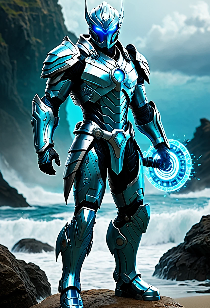 Create a full-body, powerful, futuristic sea warrior avatar with advanced technology integrated into the armor. Maintain a strong, heroic physique and facial features, with visible parts of the face. The armor should cover parts of the body but leave some muscular areas exposed, similar to ancient Greek or Atlantean warriors. Incorporate subtle aquatic themes such as sea creatures or waves into the design, and use a color scheme that includes shades of blue, turquoise, and silver. The character should emanate a sense of strength and dominance, with glowing blue eyes and a mythical aura. Ensure the character is visible from head to toe.