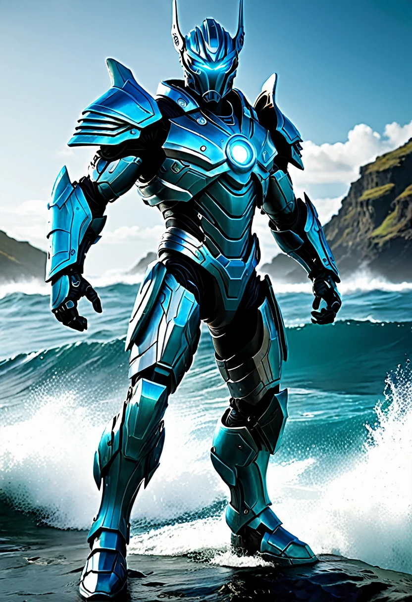 Create a full-body, powerful, futuristic sea warrior avatar with advanced technology integrated into the armor. Maintain a strong, heroic physique and facial features, with visible parts of the face. The armor should cover parts of the body but leave some muscular areas exposed, similar to ancient Greek or Atlantean warriors. Incorporate subtle aquatic themes such as sea creatures or waves into the design, and use a color scheme that includes shades of blue, turquoise, and silver. The character should emanate a sense of strength and dominance, with glowing blue eyes and a mythical aura. Ensure the character is visible from head to toe.