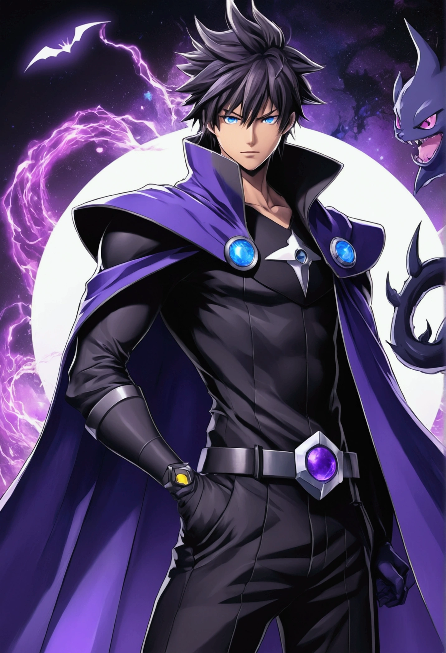 anime character with a purple cape and a black cape on, with gengar pokemon aside, badass anime 8 k, trigger anime artstyle, tall anime guy with blue eyes, detailed key anime art, advanced digital anime art ”, with index finger, key anime art, ufotable art style, shirow masamune, shigenori soejima illustration, epic anime style, detailed digital anime art