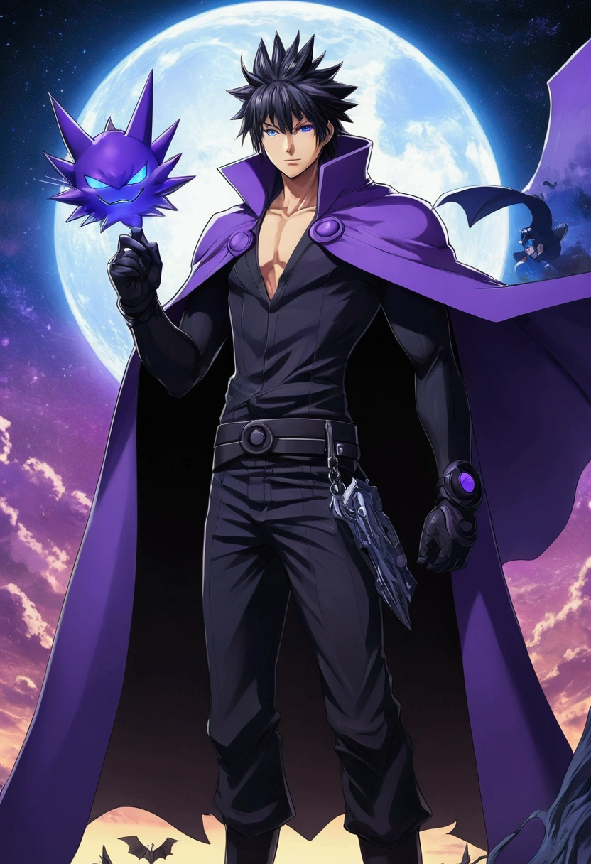 anime character with a purple cape and a black cape on, with gengar pokemon aside, badass anime 8 k, trigger anime artstyle, tall anime guy with blue eyes, detailed key anime art, advanced digital anime art ”, with index finger, key anime art, ufotable art style, shirow masamune, shigenori soejima illustration, epic anime style, detailed digital anime art
