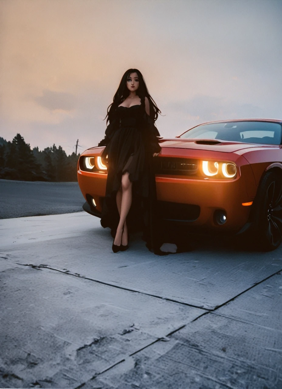 Beauty girl wirh dress in front a dodge Challenger red