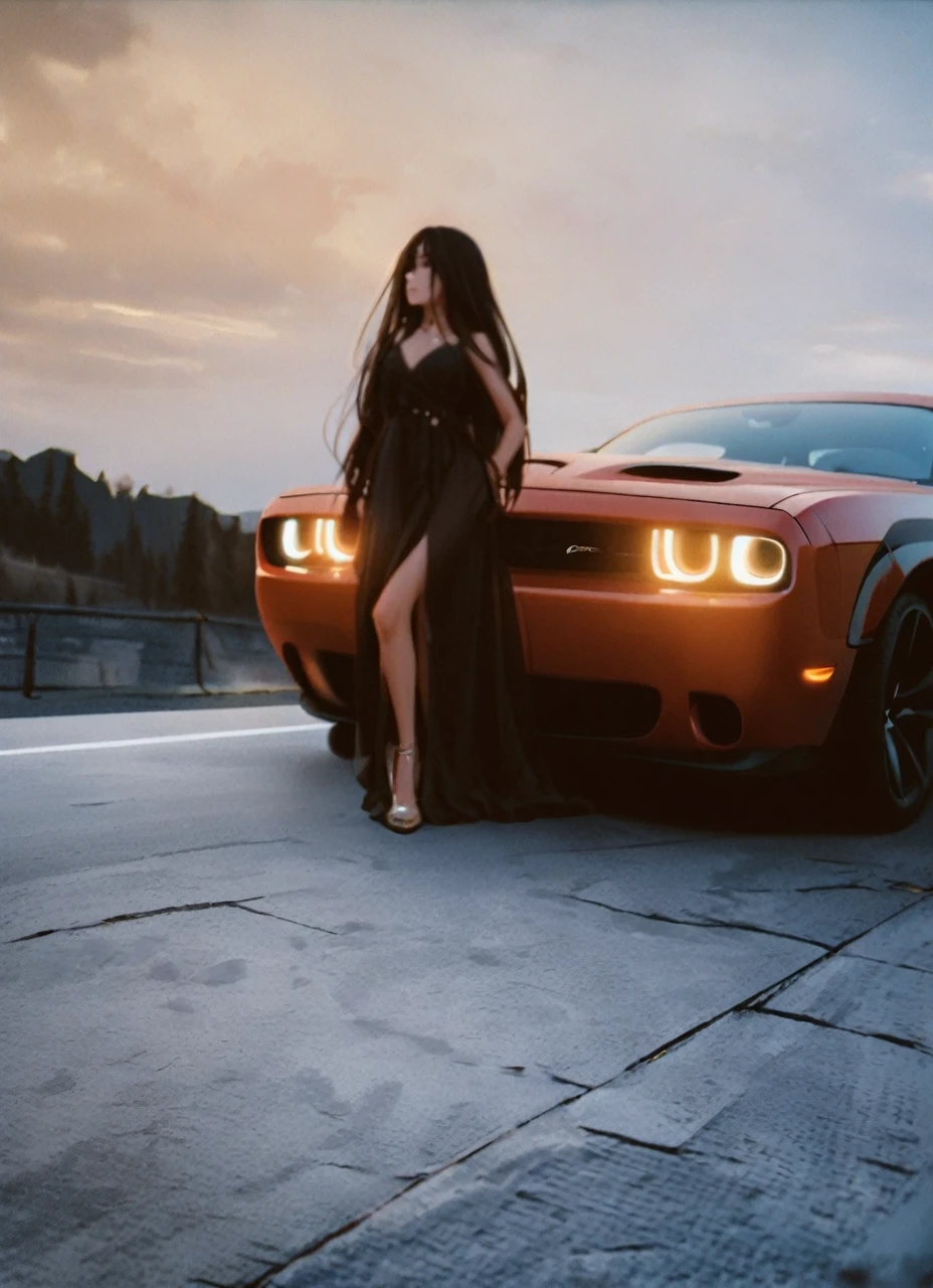 Beauty girl wirh dress in front a dodge Challenger red