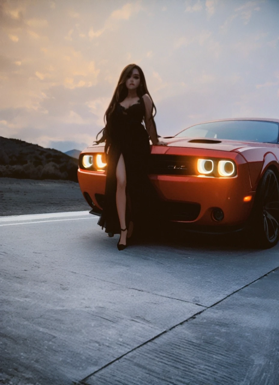 Beauty girl wirh dress in front a dodge Challenger red