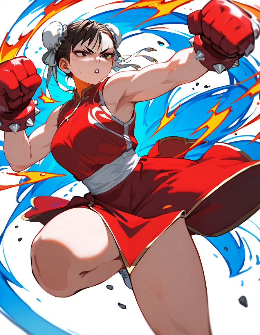 chun-li fitness body in a blue and red dress is in fighting stance with a determined expression on her face, big tits - Hentai, anime, anatomically correct nude, super detailed, high quality, 4K