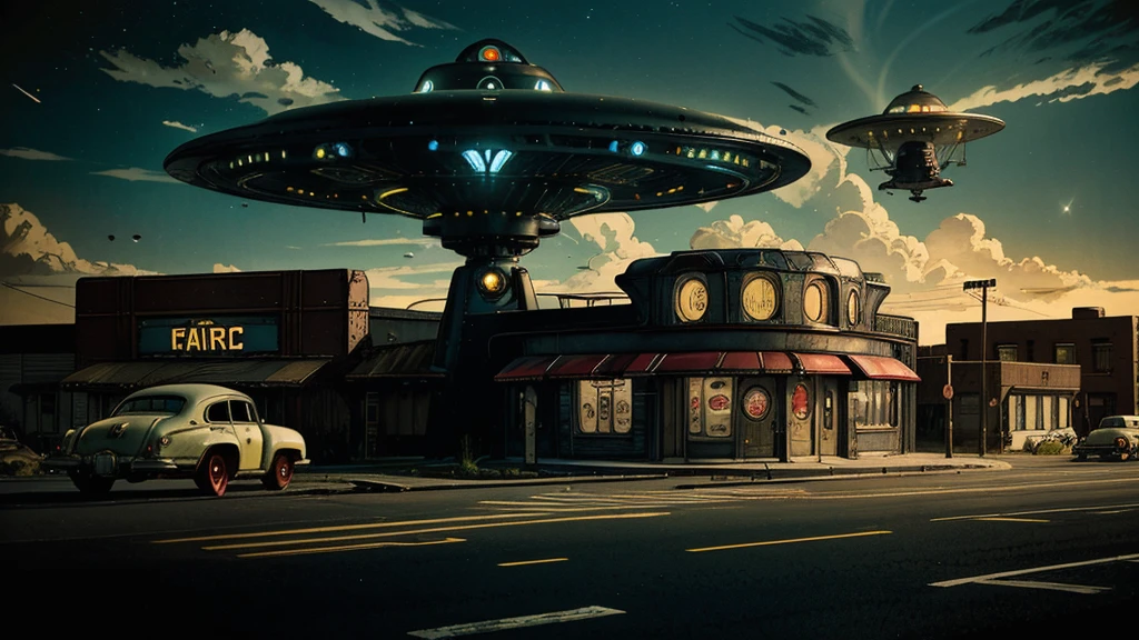 a ufo landing in 1950s small town, UFO, flying saucer, ufo landing, popping colors, contrast, detailed realistic cinematic scene, cinematic lighting, dramatic sky with clouds, abandoned vintage car, old-fashioned buildings, neon signs, 1950s era atmosphere, vibrant colors, hyper-realistic, 8k, ultra-detailed