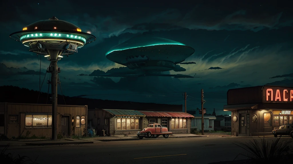 a ufo landing in 1950s small town, UFO, flying saucer, ufo landing, popping colors, contrast, detailed realistic cinematic scene, cinematic lighting, dramatic sky with clouds, abandoned vintage car, old-fashioned buildings, neon signs, 1950s era atmosphere, vibrant colors, hyper-realistic, 8k, ultra-detailed